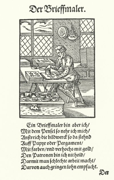The Manuscript Illuminator (gravering) av Jost (after) Amman