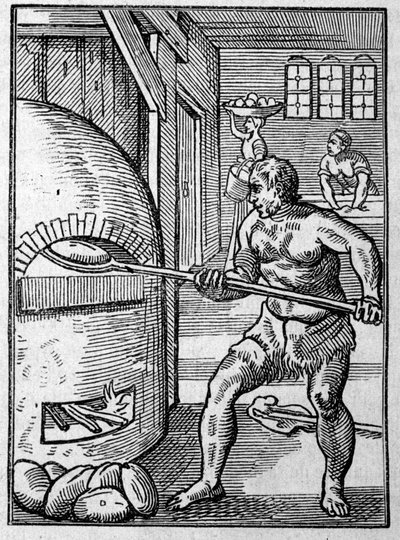 En baker som baker brød i en ovn. Gravering av Jost Amman (1539-1591) 1500-tallet. av Jost Amman