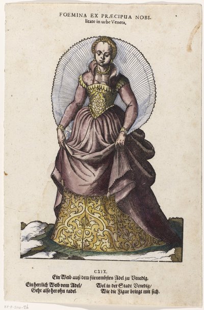 Adellijke vrouw i Venetiaanse dracht En kvinne av den høyeste adelen i den venetianske byen / Ein Weib ausz dem fürnembsten Adel zu Venedig (tittel på objekt) Oppførselen til hovedfolkene (...) (serietittel) av Jost Amman