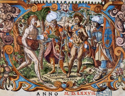 Fire kontinenter, detalj fra tittelsiden, gravering av Jost Amman (1539-1591) av Jost Amman