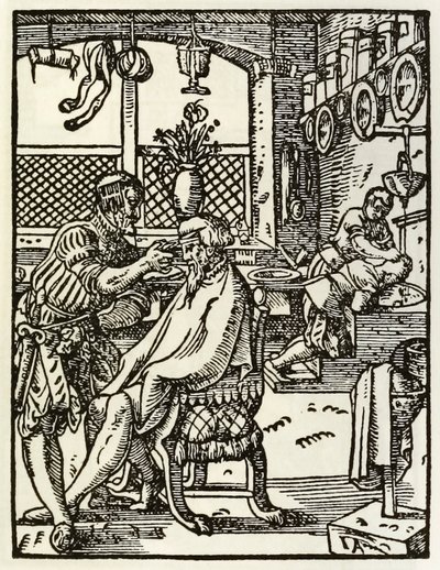 Barberne fra en serie som skildrer yrker og bransjer først publisert i Das Ständebuch 1568 i Frankfurt, Tyskland av Jost Amman