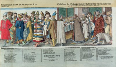 Den store ambassaden til Ivan IV (1530-84) av Russland til den hellige romerske keiseren i Regensburg i 1576 (farget tresnitt) (detalj) av Jost Amman
