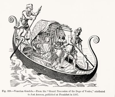 Venetian Gondola, fra Grand Procession of the Doge of Venezia, illustrasjon fra vitenskap og litteratur i middelalderen og renessansen, skrevet og gravert av Paul Lacroix, 1878 ( av Jost (after) Amman