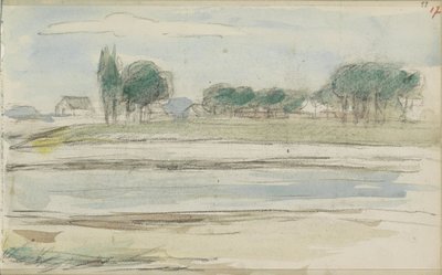 Landskap med vann og hus ved en demning av Jozef Israëls