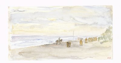 Strandutsikt med rytter og strandstoler av Jozef Israëls