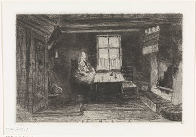 Interiør med mor og barn av Jozef Israëls (signed by artist)