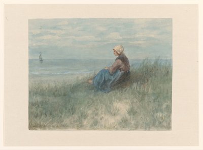En kvinne sitter på en sanddyne og ser utover havet av Jozef Israëls