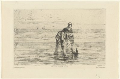Barn leker med en båt på stranden Enfants sur la plage (tittel på objekt) av Jozef Israëls