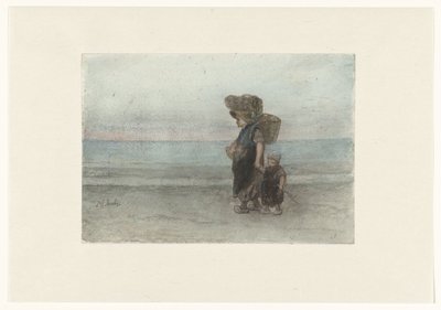 Kvinne med barn, går på stranden av Jozef Israëls