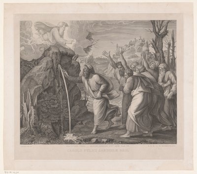 Mozes slaat vann uit de rotsen Ved å slå på stangen ... flinten kom vannet frem (tittel på objekt) av Jozef Karel De Meulemeester