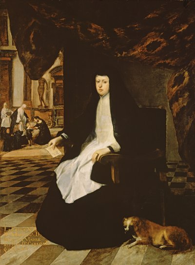 Portrett av dronning Mariana av Spania (f.1631) i sorg av Juan Bautista Martinez Del Mazo