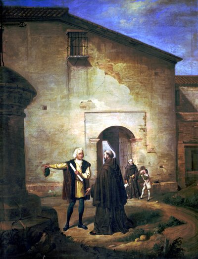 Ankomst av Columbus og sønnen Diego til klosteret La Rabida i 1485 (olje på lerret) av Juan Cabral Bejarano