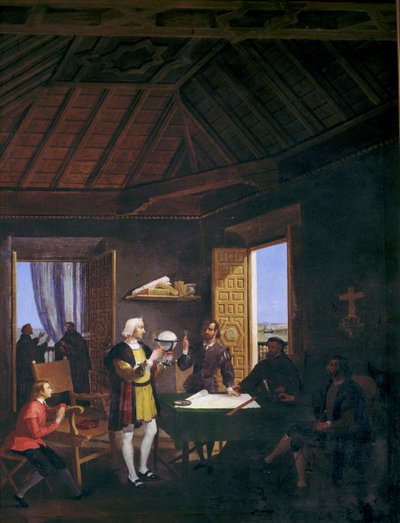 Garcia Fernandez-fysikeren Pera Juan Perez og Martin Alonso Pinzon samtaler i kapittelhuset til epoken klosteret La Rabida (olje på lerret) av Juan Cabral Bejarano
