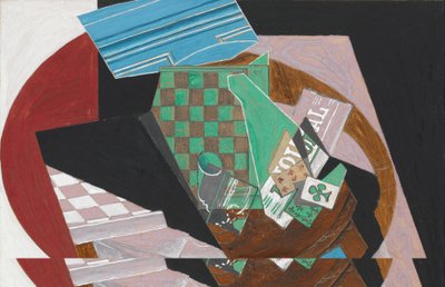 Sjakkbrett og spillekort, 1915 (gouache, grafitt og harpiks på kremfarget vevd papir, montert på papp) av Juan Gris