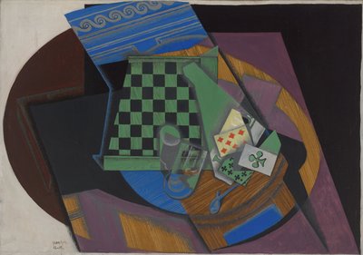 Sjakkbrett og spillekort, 1915 av Juan Gris
