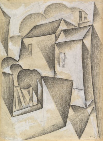 Hus i Paris, Place Ravignan, 1911 (svart kritt og gouache på hvitt papir) av Juan Gris