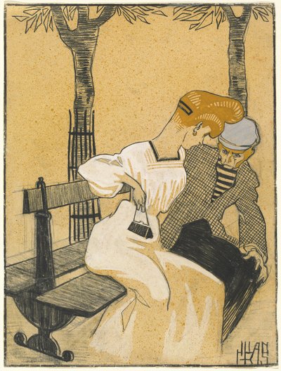 Mann og kvinne på benk av Juan Gris