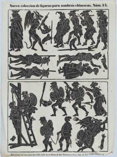 Ark 14 med figurer for kinesiske skyggedukker, 1859. av Juan Llorens