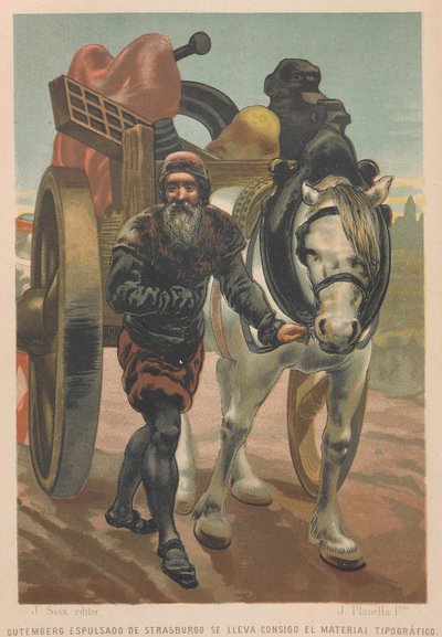 Johannes Gutenberg forlater Strasbourg. Fra: Vitenskap og dens menn, 1879. av Juan Planella y Rodríguez