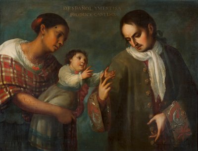 En spanjol og en Mestizo-kvinne med barnet sitt, en quot;Castizoquot;. av Juan Rodríguez Juárez