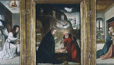 The Birth of Christ Triptych med fødselen flankert av kunngjøringen (panel) (se også 82427) av Juan de (school of) Flandes
