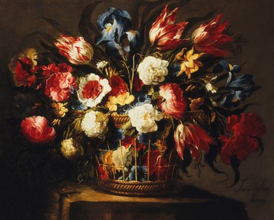 Blomster i en kurv på en steinhylle, av Juan de Arellano