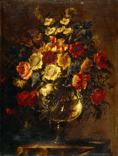 Blomster i en glassvase på en stein, av Juan de Arellano