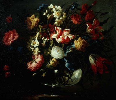 Tulipaner, nelliker og narcissi i en glassvase av Juan de Arellano