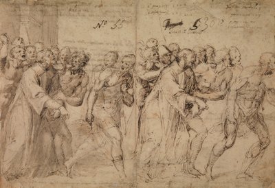Studie for Saint Stephen Being Led to His Martyrdom, 1566 (penn og brunt blekk, grå vask og (senere?) spor av rødt kritt på papir) (recto) av Juan de Juanes Juan de Juanes