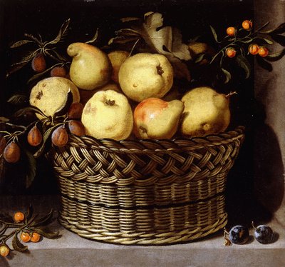 En flettet kurv med frukt på en steinhylle, av Juan van der Hamen y Leon