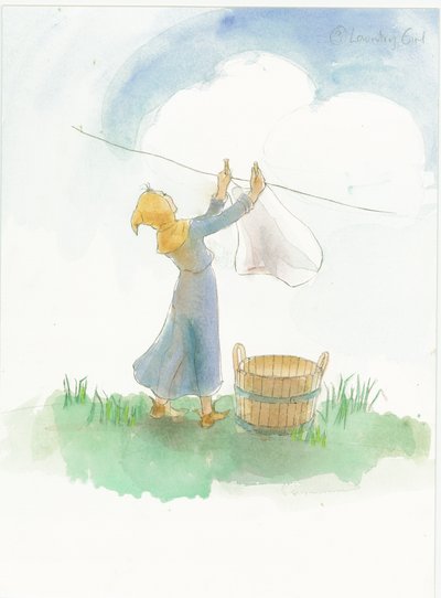 En middelaldersk jente som henger klesvask, 2004. av Judith Dobie