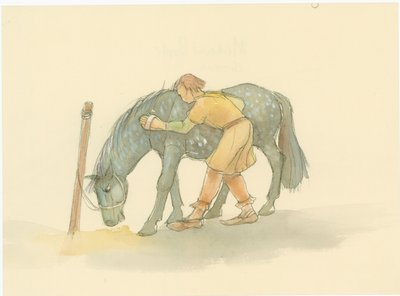 En middelaldersk brudgom som børster en hest, 2004. av Judith Dobie