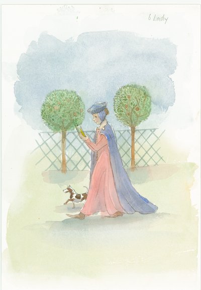 En middelalderdame i en hage, 2004. av Judith Dobie