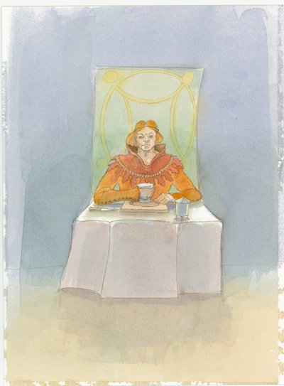 En middelalderherre satt ved et bord, 2004. av Judith Dobie