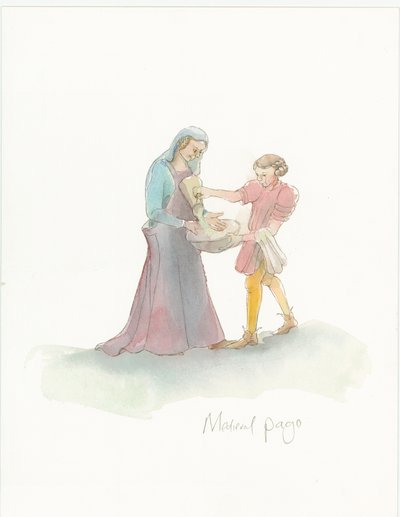 En middelalderside som hjelper en dame med å vaske hendene, 2004. av Judith Dobie