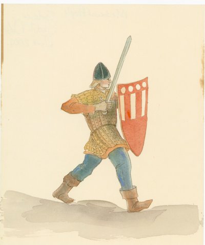 En middelaldersoldat med et langt sverd i høyre hånd og et skjold i venstre, 2004. av Judith Dobie