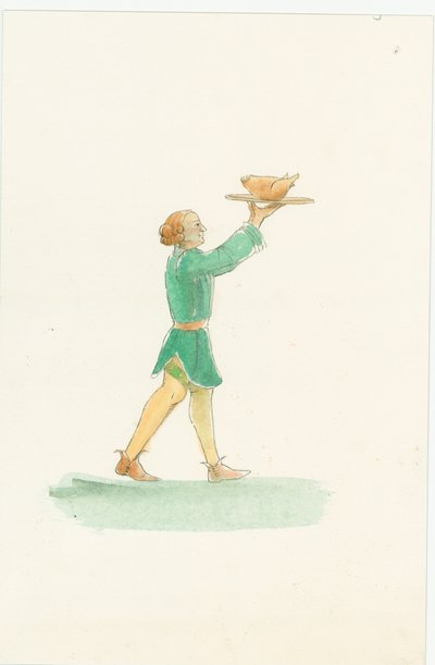 En middelaldersk servitør som bærer et fat med mat, 2004. av Judith Dobie