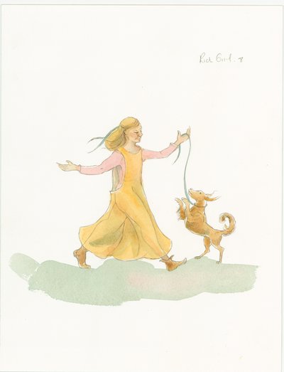 En middelaldersk kvinne som leker med en hund, 2004. av Judith Dobie
