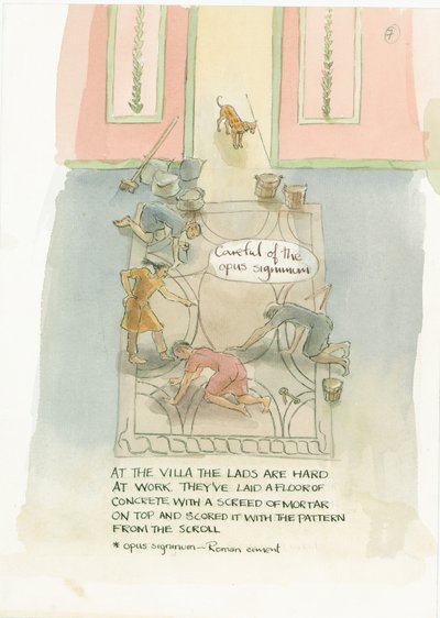 Håndverksmesteren og arbeiderne hans legger et gulv for Julias mosaikk, 2003. av Judith Dobie