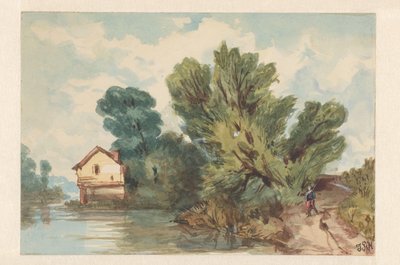 Landskap med rullator og hus på vannet av Judith Ph. Metelerkamp (signed by artist)