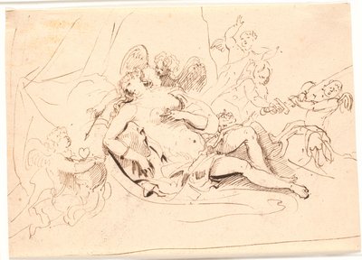 Tilbakelent Venus-figur, omgitt av seks putti som leker med sverd, pil og hjerte av Jürgen Ovens