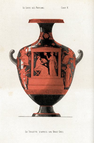 Gresk vase som dekorerer en kvinne på et toalett som holder en boks med kosmetikk og parfymer assistert av en slave som vinker med en vifte av Jules (after) Cheret