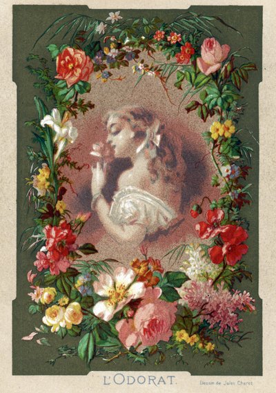 L'odorat, femme lukter en blomst i en dekor av roser, liljer og tulipaner av Jules (after) Cheret
