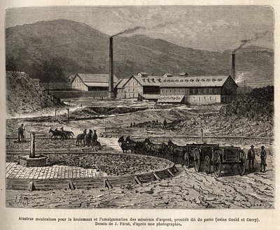 Meksikanske arastras (område tråkket av muldyrene, som for tråkking av bles) for maling og sammenslåing av sølvmalm (Gould og Curry-fabrikker) i nærheten av Virginia City (Nevada), gravering etter J.Ferats tegning , illustrati av Jules (after) Ferat