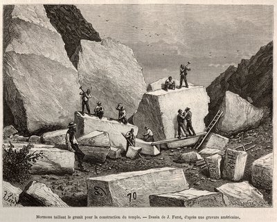 Mormonskjærende granitt for tempelbygging. Gravering etter J.Ferats tegning, for å illustrere historien La conquete blanche, av William Hepworth Dixon, i 1875, publisert i "" Le tour du monde""" 1876, redigert av Edouard Charton, Hachette-utgaven, Paris av Jules (after) Ferat