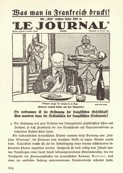 Tysk propaganda som viser forsiden til en fransk avis med en tegneserie som viser statsminister Raymond Poincare spise barna i Ruhr under den franske okkupasjonen av regionen av Jules Abel Faivre