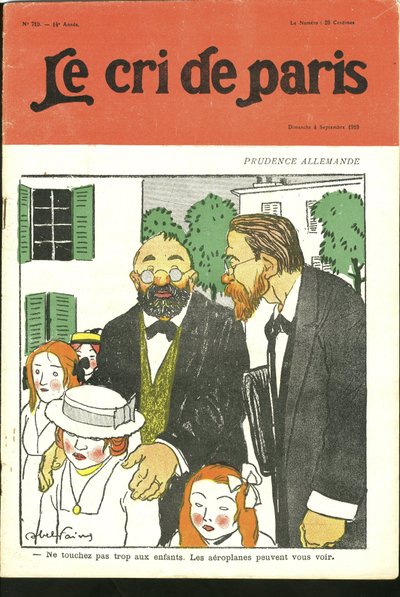 Illustrasjon av Abel Faivre (1867-1945) for omslaget til Le Cri de Paris, 04/09/10 - "" Ikke rør for mye barn, fly kan se deg. "" - Tyskland Preussen, luftfart av Jules Abel Faivre