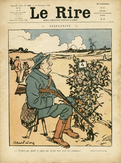 Illustrasjon av Abel Faivre (1867-1945) for omslaget til Le Lire, 25/12/09 - Perplexite - Landsbygd, Fritid, Jaktjeger av Jules Abel Faivre
