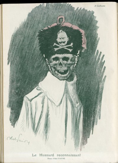 Illustrasjon av Abel Faivre (1867-1945) i “” Fantasio””, 01/05/15 - Den takknemlige Hussard - War of 14 -18, Tyskland Preussian - William II, Reaper/Comrade - Death, FacesRiantes av Jules Abel Faivre