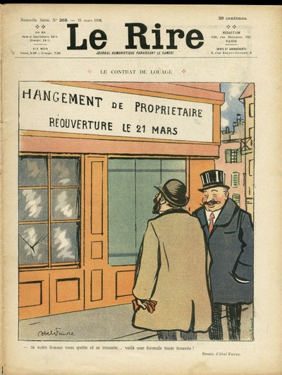 Illustrasjon av Abel Faivre (1867-1945) for omslaget til Le Rire, 21/03/08 - Leiekontrakten - Arkitektur Byplanlegging, bryllup, utroskap, butikker av Jules Abel Faivre
